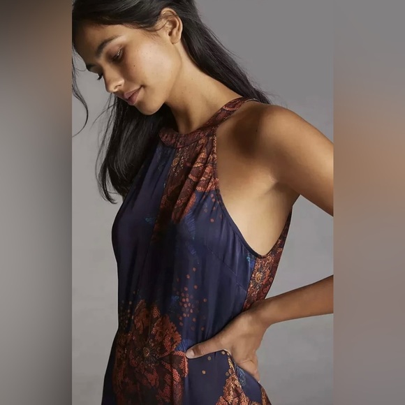 ANTHROPOLOGIE FARM RIO SLEEVELESS FLORAL HALTER JUMPSUIT SIZE M NAVY/ORANGE NWT - Picture 3 of 11